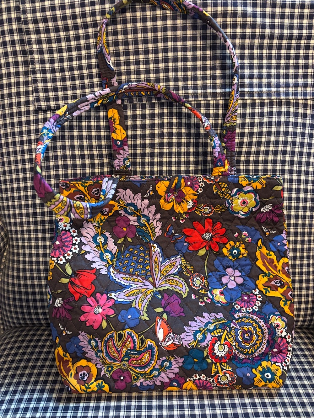 Vera Bradley Floral Quilted Tote in Black with Multicolor Flowers